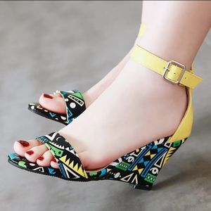 Women printing wedges sandles mixed color bohemian gladiator Size 7.5